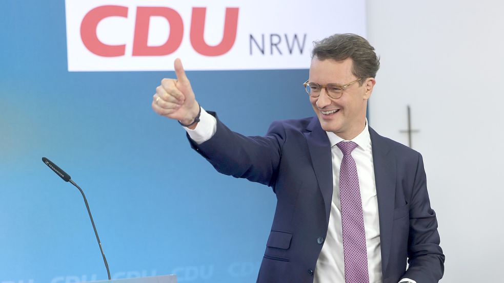 Eindeutiger Sieger: Hendrik Wüst (CDU) bei der Wahlparty seiner Partei in Düsseldorf. Foto: Berg/dpa