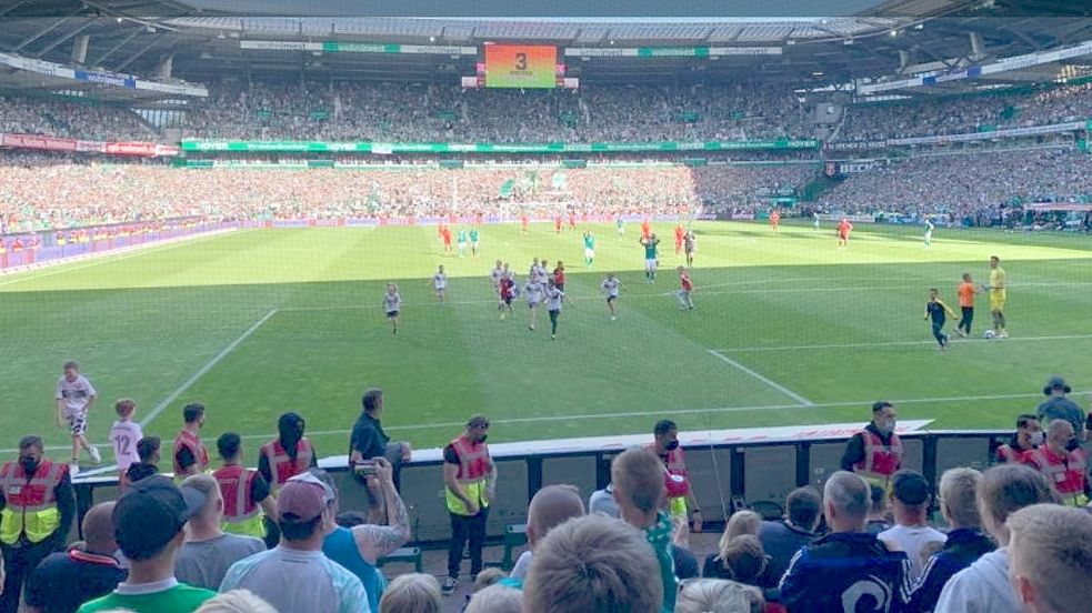 Als die Nachspielzeit noch lief, stürmten die E-Junioren aus Papenburg schon aufs Feld und wurden von den Werder-Profis wieder hinuntergeschickt (links). Foto: Privat
