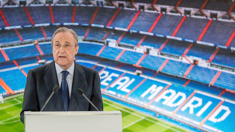 Florentino Pérez, Präsident des Real Madrid, will weiterhin eine Super League. Foto: Manu Fernandez/AP/dpa/Archivbild