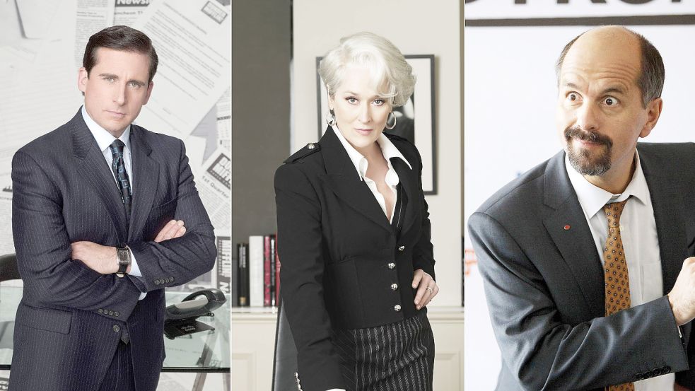 Michael Scott aus „The Office“, Miranda Priestly aus „Der Teufel trägt Prada“ und Bernd Stromberg aus „Stromberg“: Wer solche Chefs hat, braucht keine Feinde mehr. Foto: Imago images (3)/Cinema Publishers Collection, Zuma Wire, Future Image (Symbolbild)