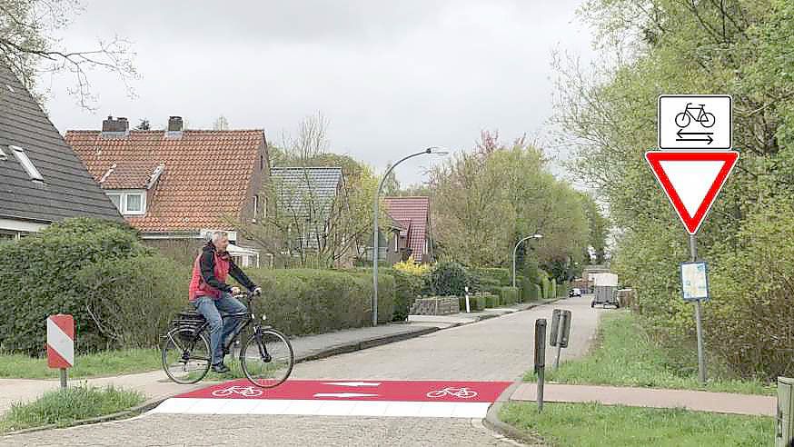 Vorfahrt für Radfahrer: Der Masterplan Radverkehr sieht vor, dass Kreuzungen mit dem Ostfriesland-Wanderweg – im Entwurf der Eickebuscher Weg – umgestaltet werden. Entwurf: SHP Ingenieure