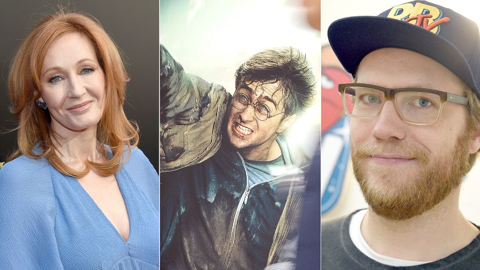 „Harry Potter“-Autorin Joanne K. Rowling, „Harry Potter“-Schauspieler Daniel Radcliffe und Moderator Nils Bomhoff von „Rocket Beans TV“: Ein Drama in drei Akten. Foto: dpa (3)/Evan Agostini; Caroline Seidel; Marek Majewsky
