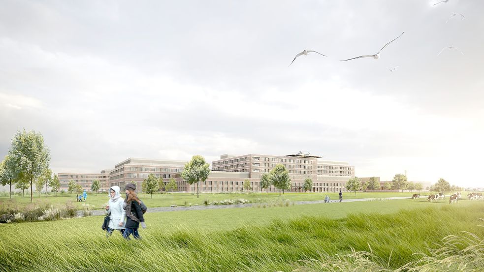 Das geplante Großkrankenhaus auf grüner Wiese: So soll die Klinik in Uthwerdum eines Tages aussehen. Grafik: GMP