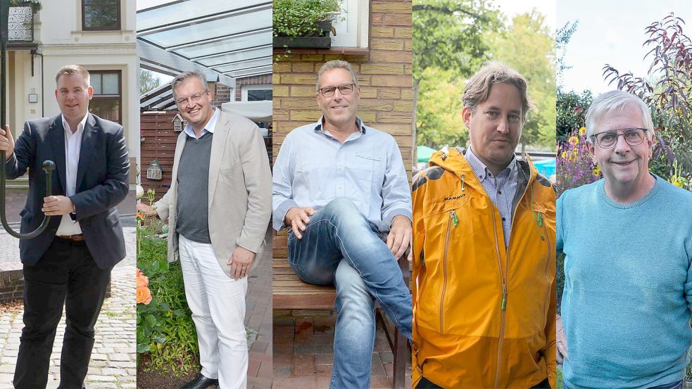 Wollen Bürgermeister der Stadt Norden werden: Florian Eiben (von links), Heiko Schmelzle (amtierender Bürgermeister), Andreas Holzkämper, David Gronewold und Rainer Feldmann. Fotos: Hillebrand/Hock