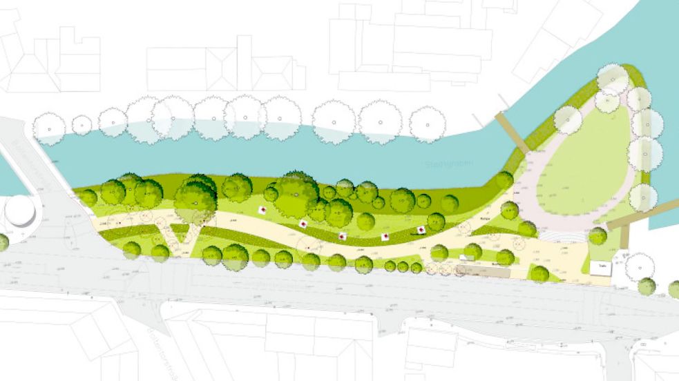 Das Areal zwischen Boltentorstraße und Hahnscher Insel soll umgestaltet werden. Zwei Drittel der Kosten werden über ein Förderprogramm abgedeckt. Die Stadt selbst investiert 200.000 Euro für die Umsetzung der Pläne. Grafik: SCAPE/Stadt Emden