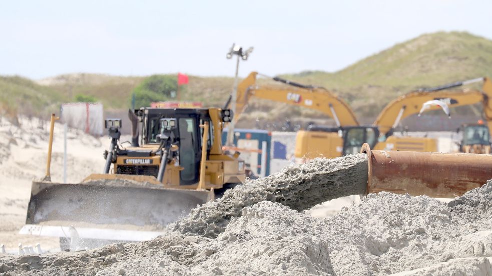 Ein Bagger arbeitet an der Küste, an der abgetragene Sanddepots vor Schutzdünen wiederaufgespült und Dünenketten verstärkt werden. Foto: Bartels/dpa