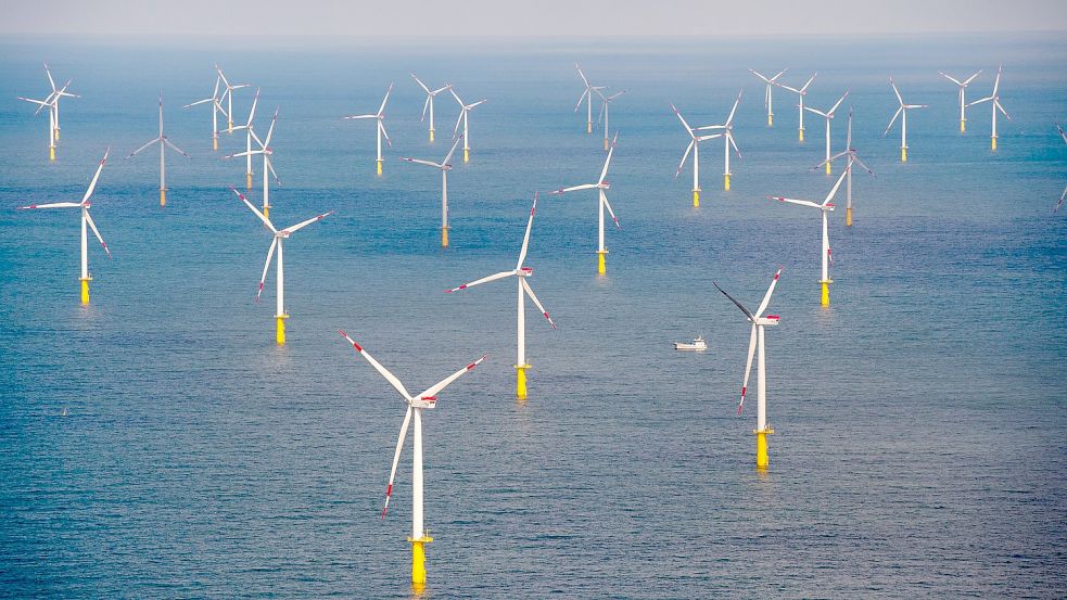 Der Offshore-Windpark «Butendiek», etwa 30 Kilometer vor der Insel Sylt in der Nordsee. Die Offshore-Windenergie in der deutschen Nord- und Ostsee soll bis 2045 auf mindestens 70 Gigawatt ausgebaut werden. Foto: Daniel Reinhardt/DPA