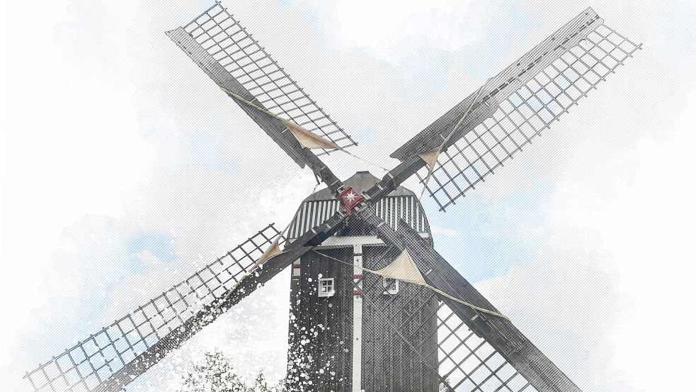 In Dornum steht eine Bockwindmühle. Dies ist der älteste Mühlentyp in Europa. Foto: Ortgies/Gestaltung: Will