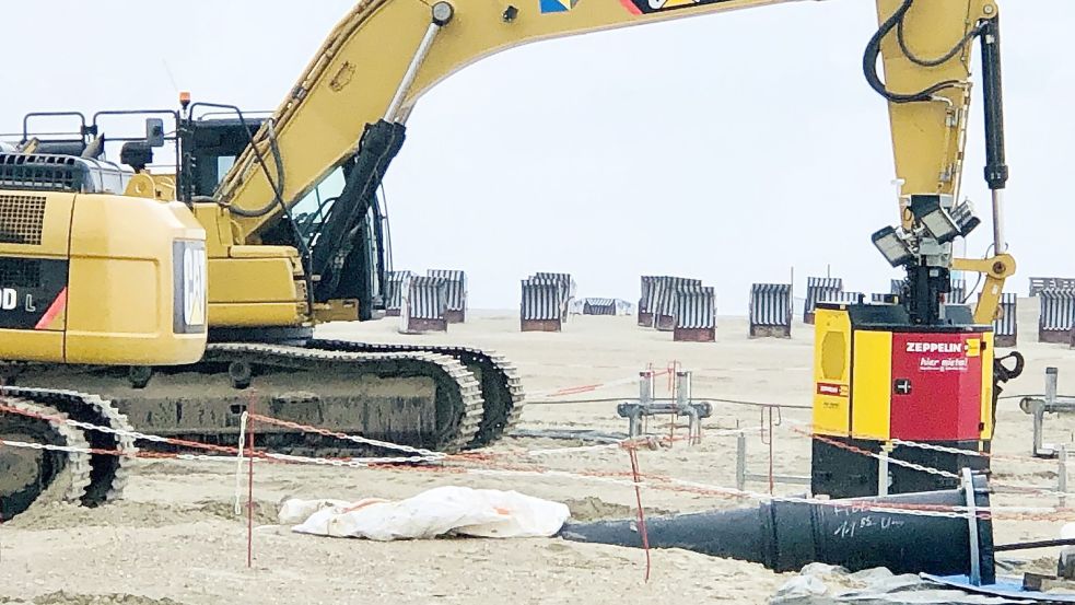 Im Osten der Insel Norderney wird ein neues Kabel für den Offshore-Strom verlegt; und zwar direkt neben den Strandkörben. Foto: Budde