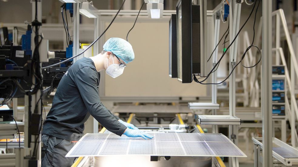 Solarmodule sind derzeit sehr gefragt. Hier werden sie gerade in einem Werk in Freiberg (Sachsen) hergestellt. DPA-Foto: Sebastian Kahnert