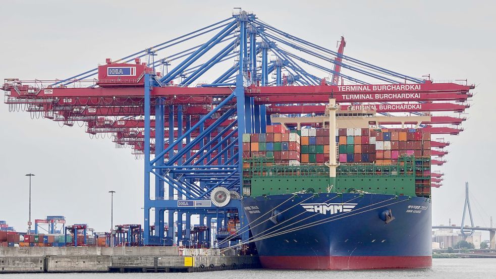 Ein Containerschiff liegt im Waltershofer Hafen am Container Terminal im Hamburger Hafen. Foto: Julian Weber/dpa