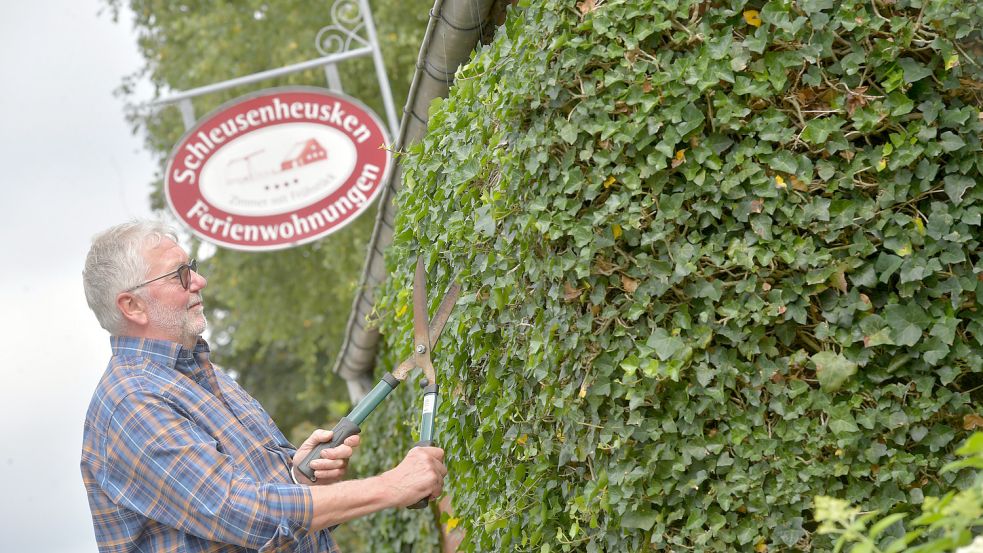 Reinhard Fischer vom Schleusenheuske in Ostgroßefehn. Das Gebäude ist fast vollständig von Fassadengrün bewachsen. Foto: Ortgies