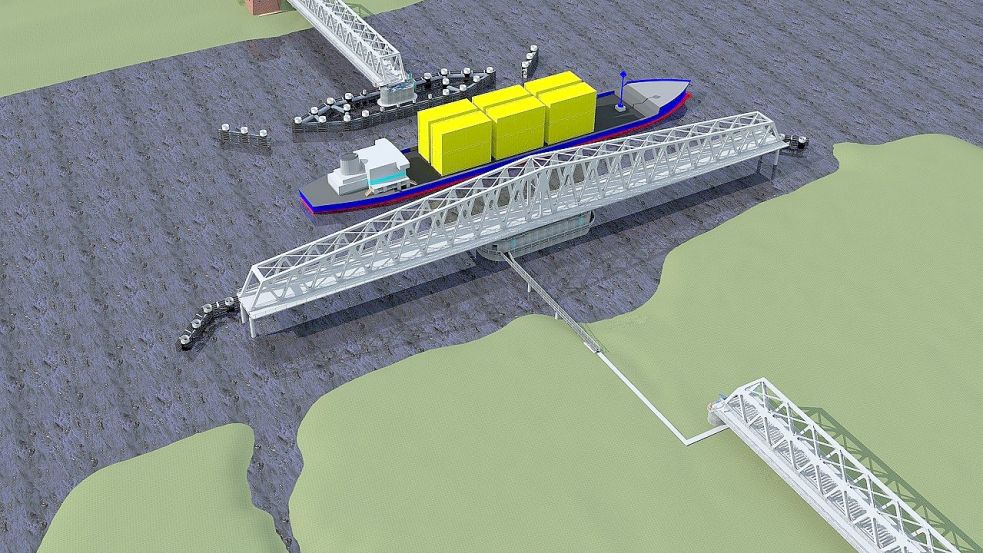 Die Grafik zeigt die geplante neue Friesenbrücke im geöffneten Zustand. Das 145 Meter lange, bewegliche Brückenteil wird gedreht, damit Schiffe das Bauwerk passieren können. Bei der alten Brücke hatte es sich um eine Klappbrücke gehandelt. Grafik: DB Netz AG