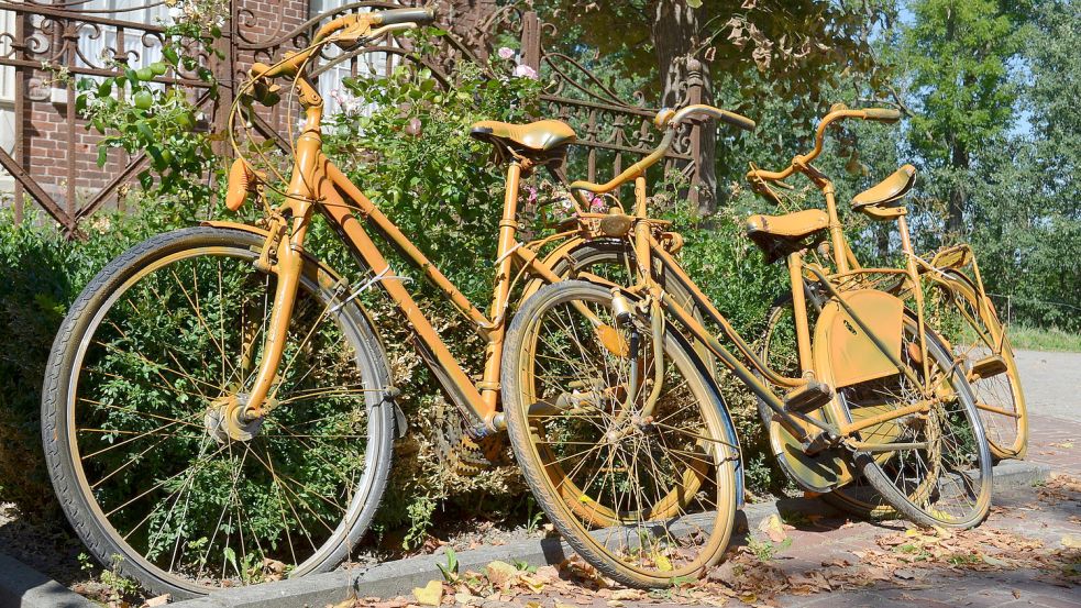 Rund 60 gesammelte, alte Fahrräder leuchten in Orange entlang der Strecke, um auf die „Mission Radweglückenschluss“ aufmerksam zu machen. Foto: Hoppe
