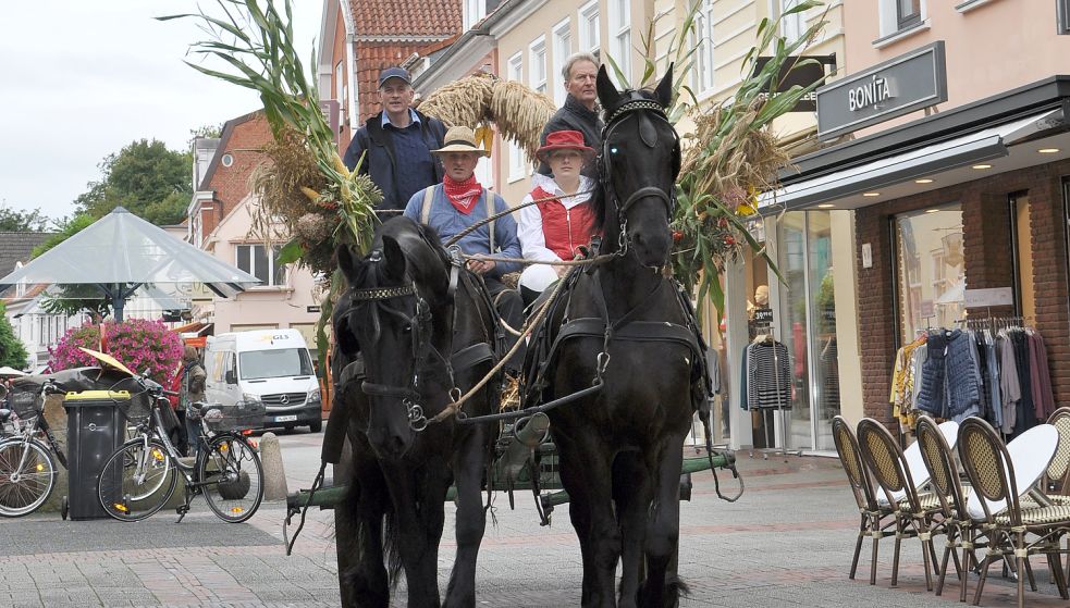 Einer der Höhepunkte des Erntefestes: Mit dem geschmückten Pferdewagen hat der Wallster Landwirt Johann Schmidt in der Vergangenheit stets die traditionelle Erntekrone auf den Marktplatz gebracht. Ob das auch in diesem Jahr passieren kann, ist noch offen, aus gesundheitlichen Gründen. Foto: Archiv