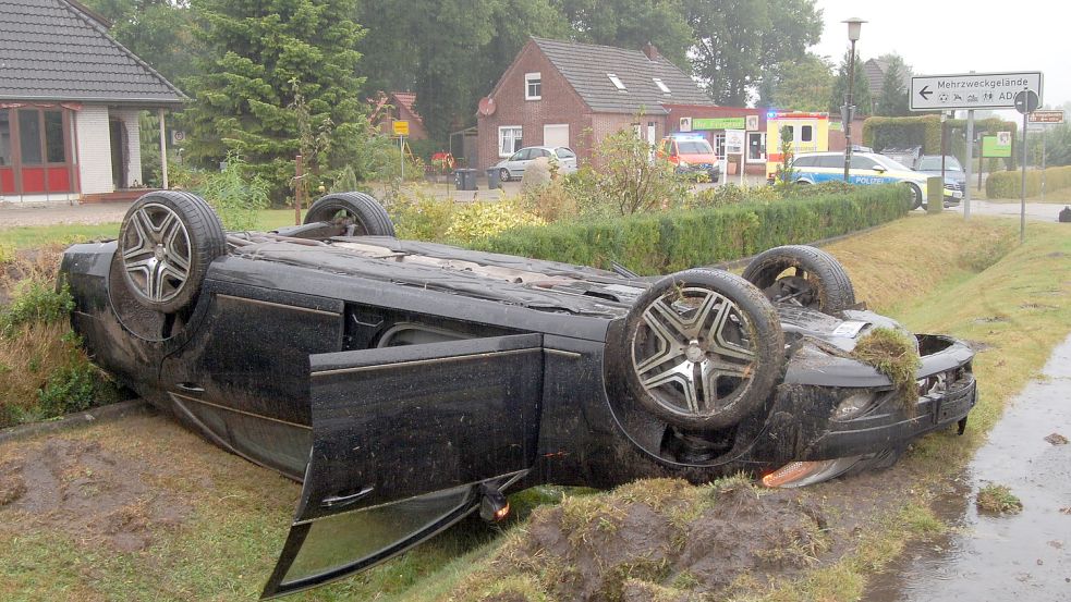 Der Wagen blieb auf dem Dach in einem Graben liegen. Foto: Luppen
