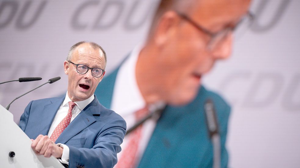 Friedrich Merz stichelte auf dem CDU Parteitag gegen den öffentlich-rechtlichen Rundfunk. Foto: dpa/Michael Kappeler