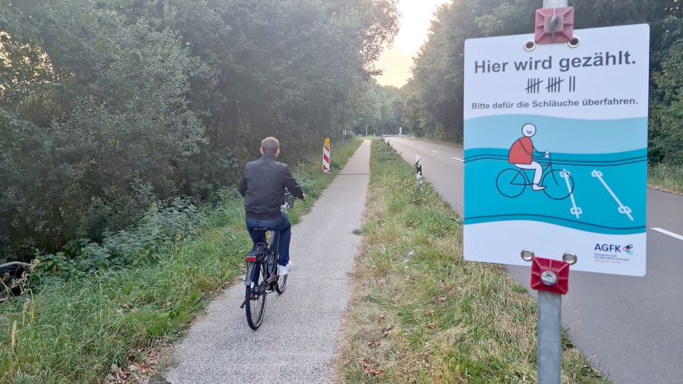An der Deichstraße in der Nähe des Freizeitsees Grotegaste findet eine Zählung von Radfahrern statt.