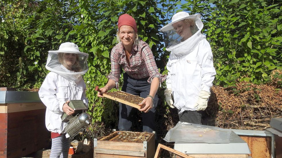 Ilse van Opzeeland kümmert sich mit ihren Töchtern Liv (rechts) und Eva (links) um die Bienenstöcke. Foto: Wiggermann