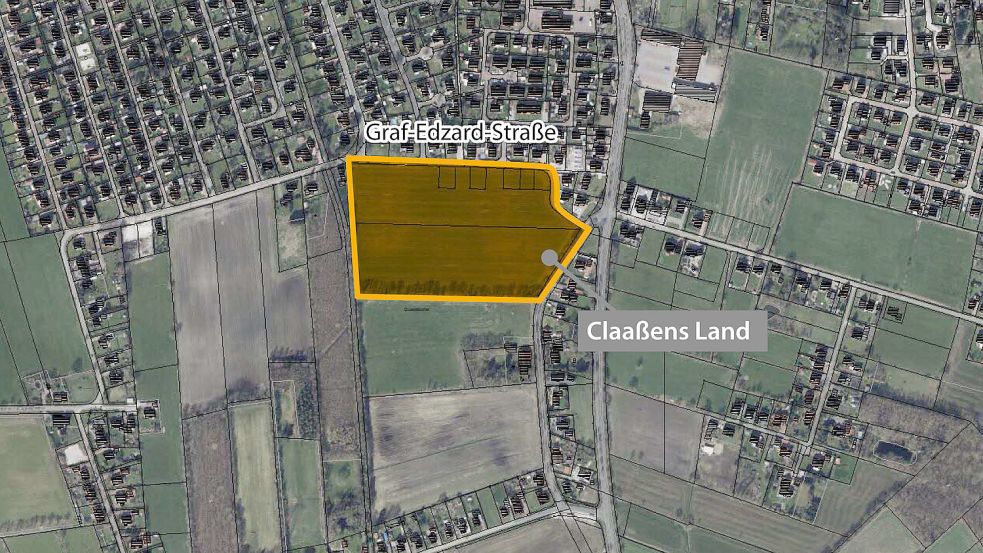 Südlich der Graf-Edzard-Straße ist das Baugebiet „Claaßens Land“ in Planung. Foto: Gemeinde Großefehn