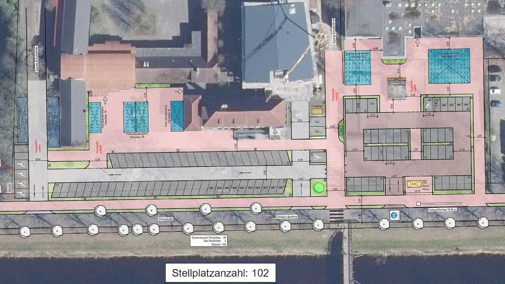 102 Stellplätze sieht der Ausbauentwurf des Planungsbüros IST im Bereich der Kooperativen Gesamtschule (KGS) und der Grundschule-Mitte vor. Foto: Stadt Wiesmoor/Planungsbüro IST