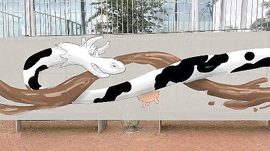 Das ist nur ein Ausschnitt des Grafittos, das die noch sehr unschöne Wand auf der Nesseseite des Hafens schmücken soll. Visualisierung: Stadt Leer