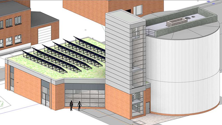 Ein mit Stahl verkleideter Faulturm, ein verklinkertes Betriebsgebäude aus Stahlbeton – mit begrüntem Dach und Solarstrom-Paneelen: So sehen die aktuellen Planungen für den Neubau aus. Entwurf: Born/Ermel/Stadt Aurich