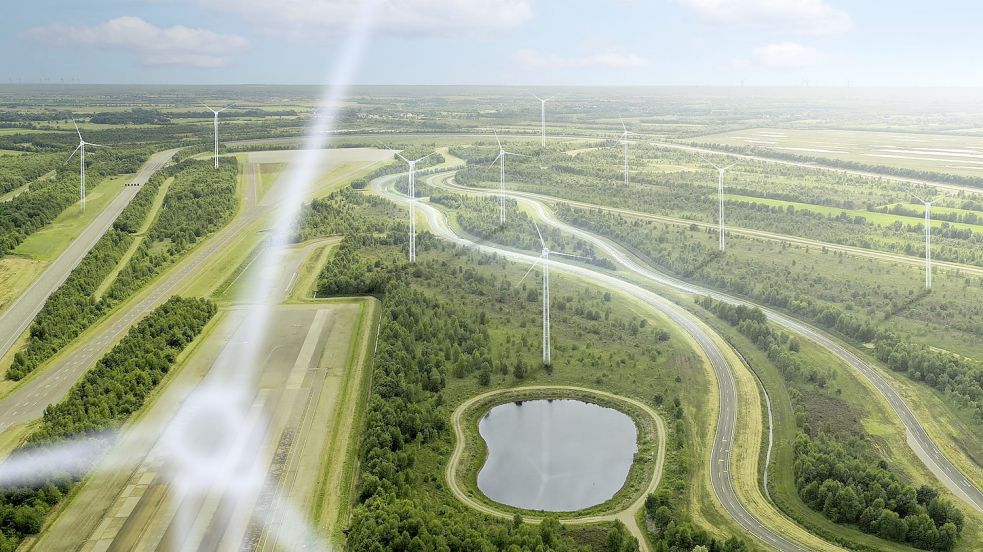 So wie auf dieser Grafik könnte es in einigen Jahren aussehen, wenn auf dem Testgelände in Papenburg die geplanten Windkraftanlagen stehen. Foto: Mercedes-Benz