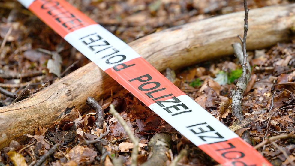 Flatterband der Polizei ist zur Markierung über den Waldboden gespannt. In Emden sperrten Beamte einen Einsatzort in der Emder Wallanlage für ihre Arbeit ab. Foto: Jonas Walzberg/DPA