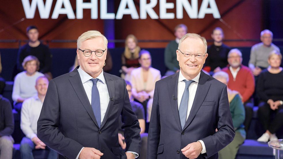 Wer wird Niedersachsen nach der Landtagswahl 2022 regieren? Am Dienstag treffen die Spitzenkandidaten Stephan Weil (SPD) und Bernd Althusmann (CDU) im Duell beim NDR aufeinander. Foto: dpa/Ole Spata