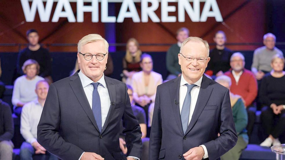Traten im TV-Duell gegeneinander an: Niedersachsens Wirtschaftsminister Bernd Althusmann, Spitzenkandidat der CDU (links), und Niedersachsens Ministerpräsident Stephan Weil, Spitzenkandidat der SPD für die Landtagswahl am 9. Oktober. Foto: Ole Spata/dpa