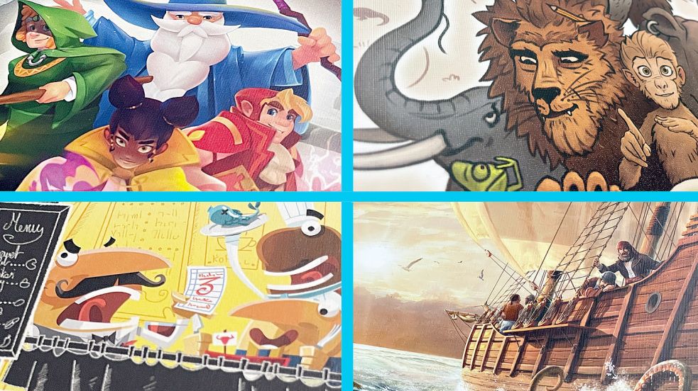 Die Cover-Ausschnitte gehören zu den Spielen (von oben links) Das verrückte Labyrinth – Team Edition, Kuzooka, Kosmopoli:t und Feed the Kraken. Foto: Karsten Grosser