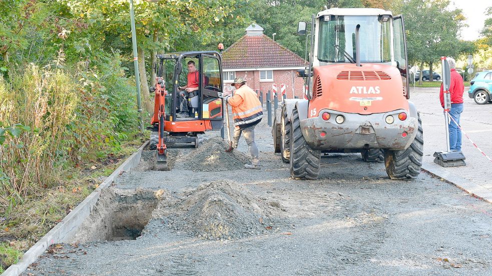 An der Okko-tom-Brook-Straße, direkt am Parkplatz, wird der erste von zwei größeren Fahrradstellplätzen gebaut. Foto: Wagenaar