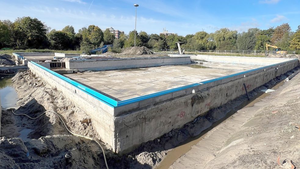 Das Freibad in Borssum hat sich in den vergangenen Monaten in eine Großbaustelle verwandelt - „mit allen Herausforderungen, die sich dabei ergeben“, wie Oberbürgermeister Tim Kruithoff sagt. Foto: Stadt Emden