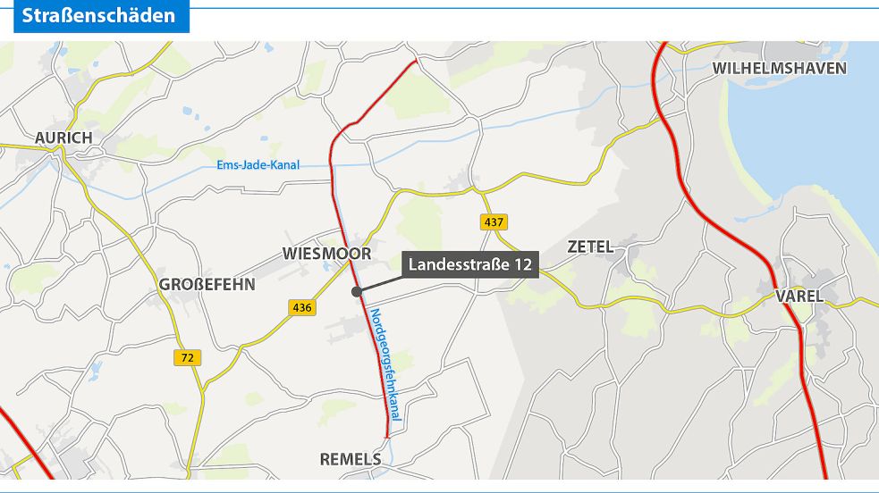 Die Landesstraße zwölf führt quer durch Wiesmoor. Grafik: OZ