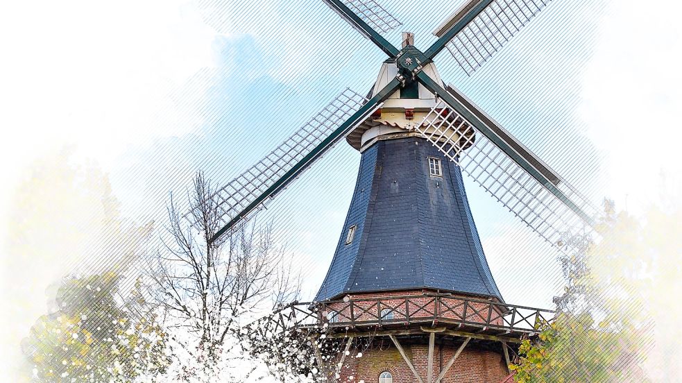 Die Mühle überragt die anderen Gebäude des Ortes. Foto: Ortgies/Bearbeitung: Will