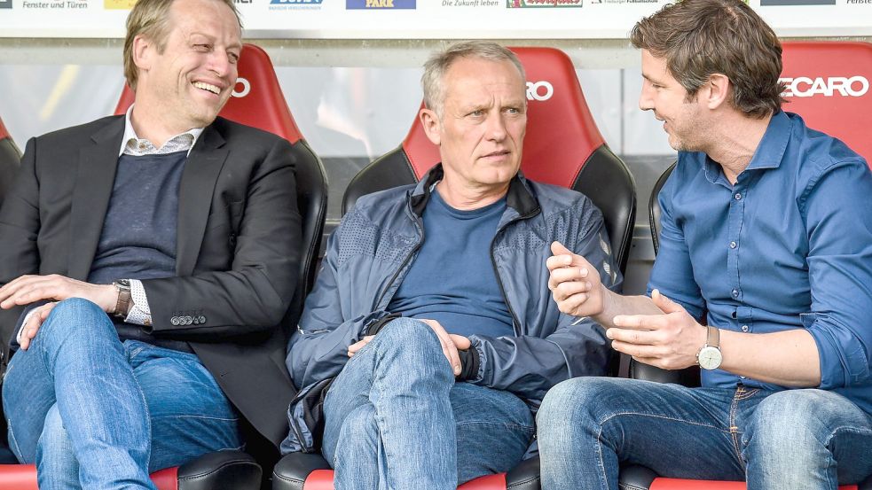 Das Geheimnis des Erfolgs? In Freiburg arbeiten Klemens Hartenbach, Christian Streich und Jochen Saier seit Jahrzehnten zusammen. Foto: www.imago-images.de