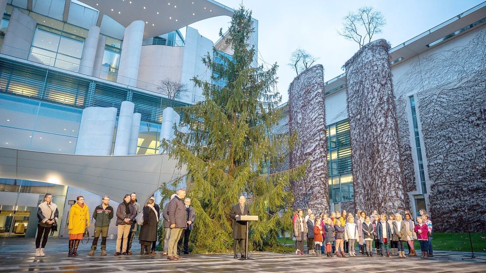 Bundeskanzler Olaf Scholz (M) steht vor der „Kanzlertanne“ in Berlin. Foto: Michael Kappeler/dpa