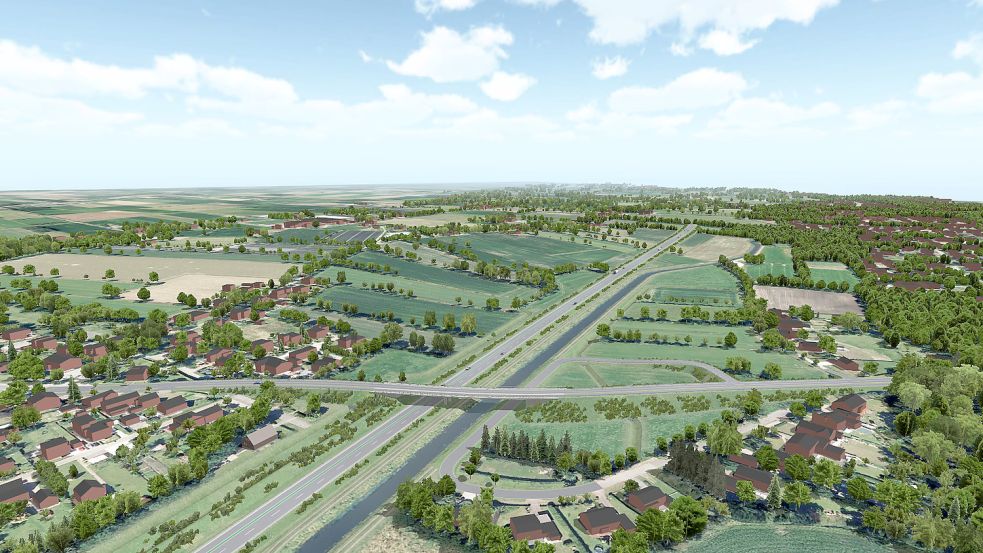 Die Planungen für die B 210n in Aurich (in der Simulation der Ortsteil Walle) in Ihlow laufen immer weiter. Grafik: Landesbehörde für Straßenbau und Verkehr