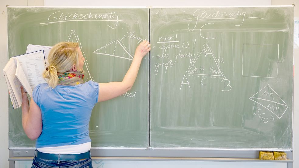 Eine Lehrerin schreibt mit Kreide an die Tafel. Foto: Picture Alliance/Kahnert/DPA