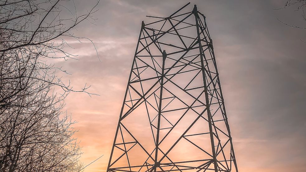 Dieser Mast trug über Jahrzehnte die Seile der Höchstspannungsleitung von Emden nach Conneforde übers Timmeler Meer hinweg. Künftig soll er Besucher mit Lust auf Vogelperspektive tragen. Foto: Cordsen