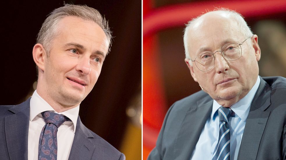 Stefan Aust (r.) lässt ein Plakat aus einer Sendung von Jan Böhmermann verbieten. Foto: dpa/Paul Zinken; Rolf Vennenbernd