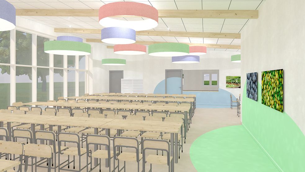 So soll die neue Mensa der Norder Grundschule „Im Spiet“ aussehen. Visualisierungen: Kremer und Kremer Architektur GmbH