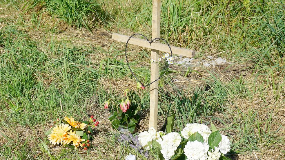 Kinder aus der Nachbarschaft haben ein Kreuz für den toten Balu aufgestellt und es mit Blumen und Herzen geschmückt. Es steht am Spazierweg zwischen den Straße Rosmarinheide und Bentgrasweg. Foto: Hagewiesche