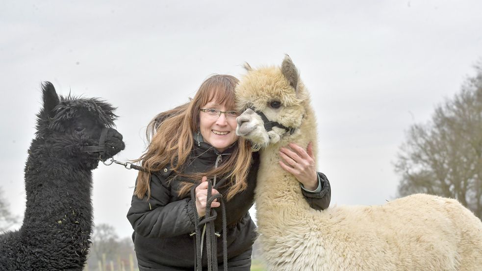 Echte Hingucker: Elke Meyer-Bertermann mit zwei ihrer 26 Alpakas. Fotos: Ortgies