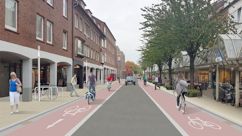 Dieses Bild zeigt das grobe Prinzip, wie es künftig an der Neutorstraße aussehen soll. Aber: Geht es nach der Verwaltung, soll alles einheitlich gepflastert und ebenerdig sein. Foto: Stadt Emden