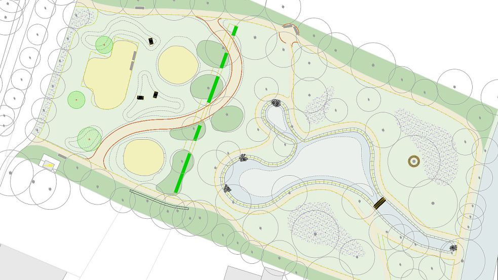 Der Stadtpark an der Burgstraße soll zusätzliche Spielgeräte, eine neue Wegeführung sowie einen kleinen Platz jeweils für die Partnerstädte bekommen. Entwurf: Stadt Weener