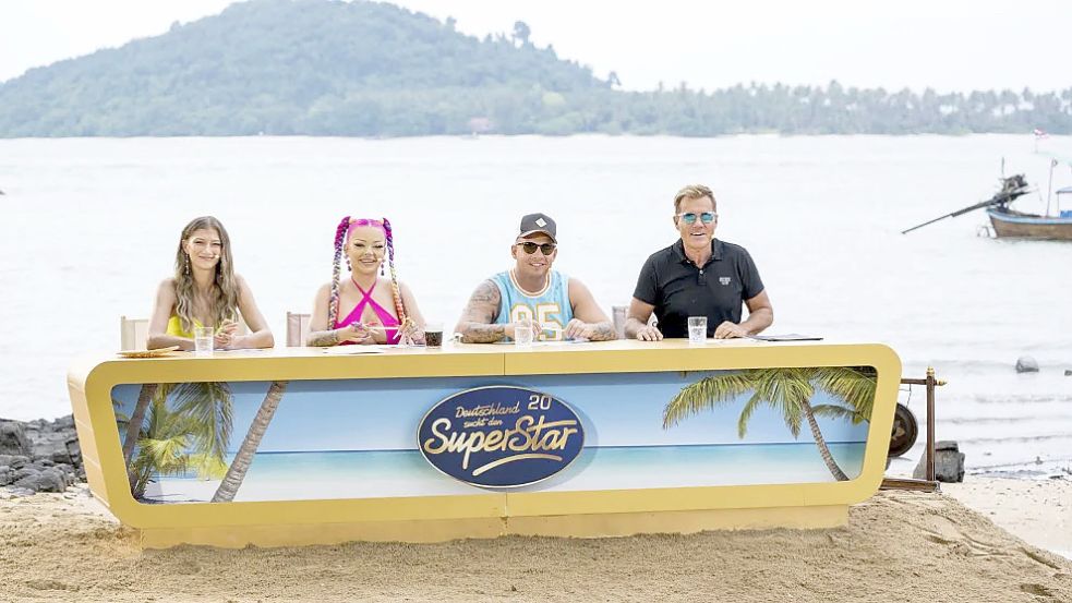 Die DSDS-Jury 2023 (von links) Leony, Katja Krasavice, Pietro Lombardi und Dieter Bohlen erlebte beim Recall vor Phuket erneut viele Emotionen. Foto: RTL