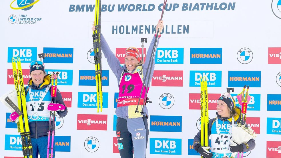 Denise Herrmann-Wick (M) hat den Sprint in Oslo gewonnen. Foto: Javad Parsa/NTB Scanpix/AP/dpa