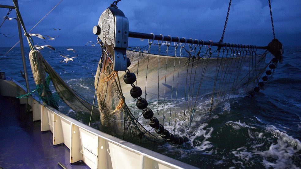 Ein Krabbenkutter fährt mit hochgezogenem Grundschleppnetz auf See. Angesichts neuer EU-Pläne für eine nachhaltigere Fischerei sehen Fischer an der deutschen Nordseeküste ihre Existenz in Gefahr. Foto: Wagner/dpa
